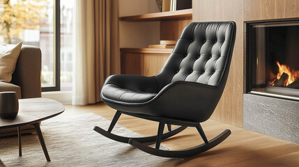 A modern living room with an emphasis on a black leather rocking chair. A fireplace with burning wood is visible in the background.