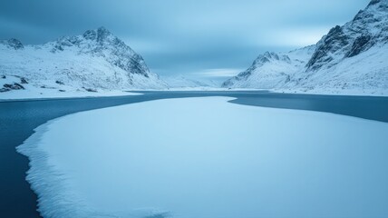 Frozen Lake and Snow Covered Mountains Under an Overcast Sky