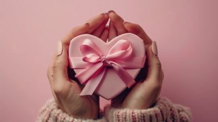 Tender female hands with soft pink manicure gently holding a delicate heart shaped gift box tied with a satin ribbon, expressing love and affection on pastel pink backdrop