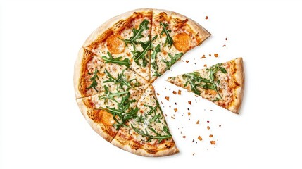 Delicious pizza topped with fresh greens and scattered crumbs on a white background.