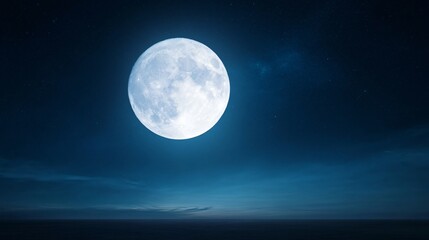 Bright full moon glowing in a serene night sky, peaceful ambiance with soft clouds, ideal for night-time inspiration.
