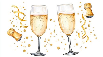 Celebratory champagne glasses with bubbles and festive decorations.