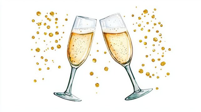 Cheers to celebration! Two glasses of sparkling champagne with bubbles and golden sparkles.
