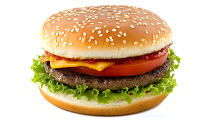 A hamburger with lettuce, tomato, and cheese