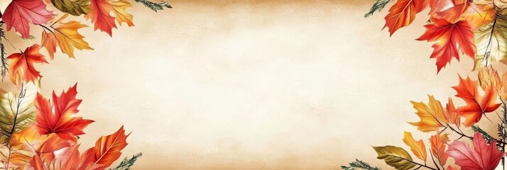 Autumn Leaves Frame on Beige Background - Watercolor autumn leaves border on a beige textured background, perfect for fall designs, invitations, or seasonal projects