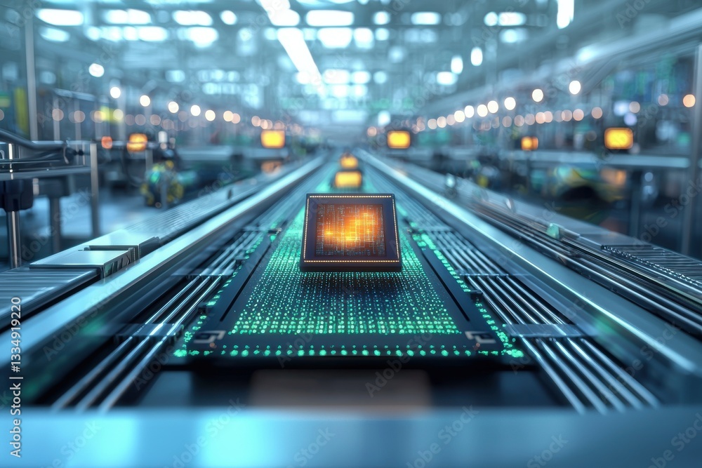 Poster a futuristic microprocessor on a conveyor belt in a modern, high-tech factory setting, showcasing au