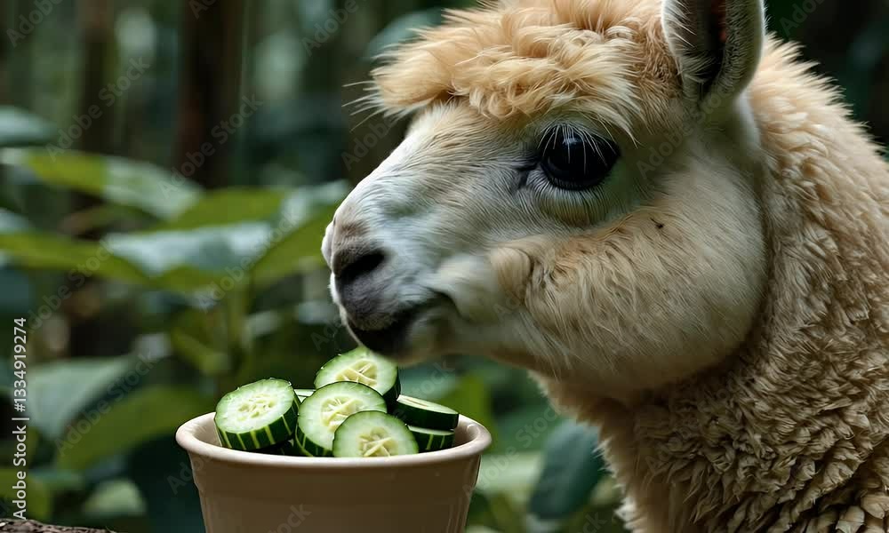 Poster a llama enjoying slices of cucumber from a bowl in a lush, green environment.