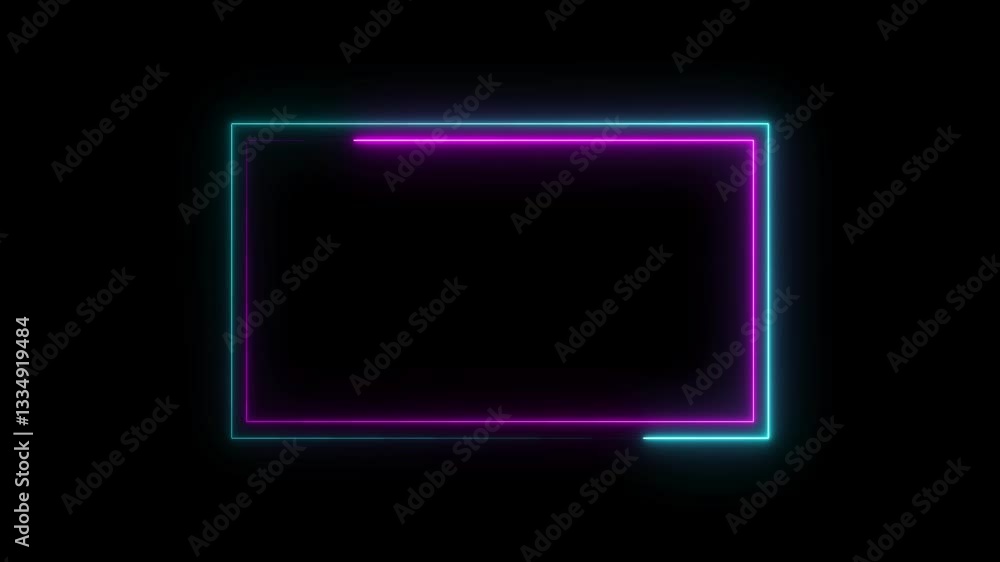Poster neon square frame animation on black background and glowing neon line.