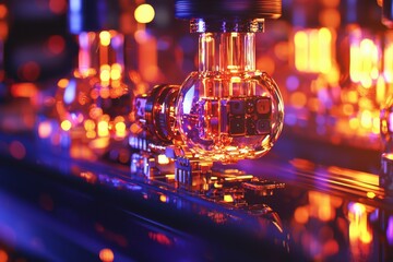 A vibrant, futuristic machine featuring a transparent sphere, illuminated with a warm, orange glow and contrasted by a cool, dark blue background, evokes technological advancement.