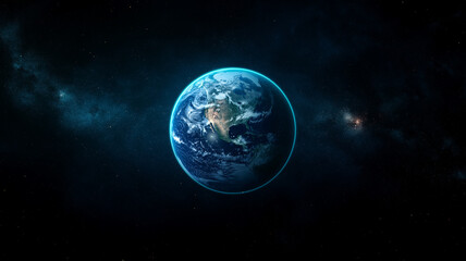 Naklejka premium Earth in space with glowing atmosphere, showcasing global network. image captures beauty of our planet against starry backdrop, evoking sense of wonder and connection