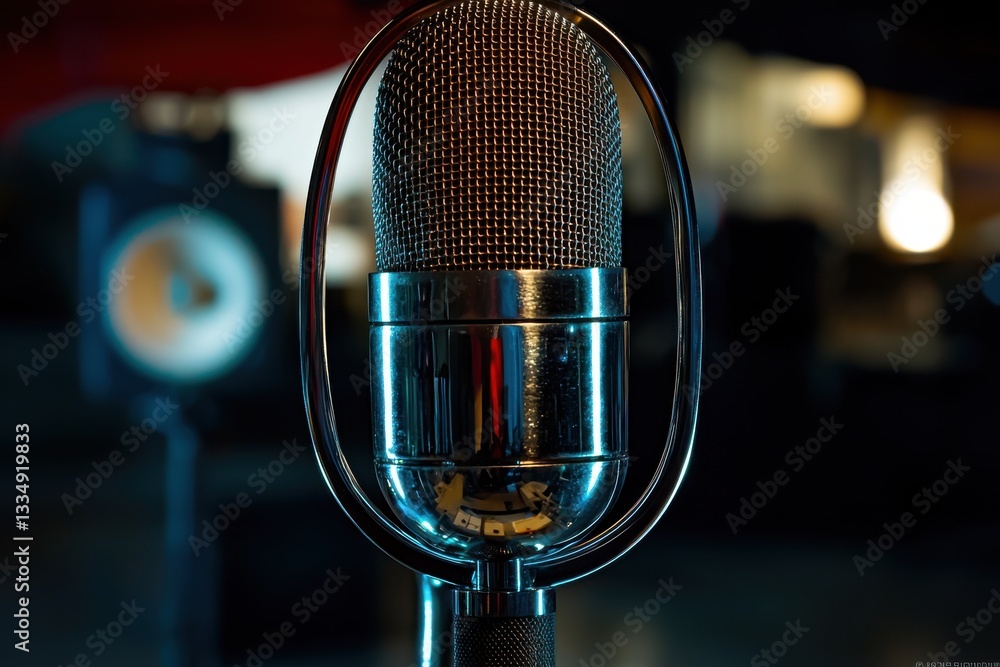 Poster a captivating close-up of a vintage microphone in a recording studio setting with moody lighting and