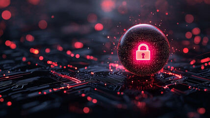 Abstract digital background featuring glowing padlock symbol, representing security and technology. vibrant red and black colors create striking visual effect