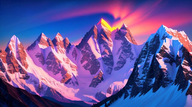 Snow-capped mountain peaks at sunset with vibrant colors. Majestic, scenic design perfect for travel, nature, or background themes.