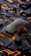 Glowing Orange Circuit Board with Central Microchip