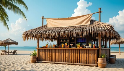 Fototapeta premium Beach Bar with Thatched Roof Serving Tropical Cocktails on White Sand