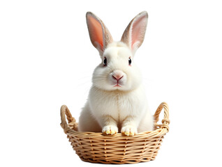 Fluffy white rabbit in basket isolated on transparent background. Cheerful pet for Easter, spring designs, and cute animal themes.