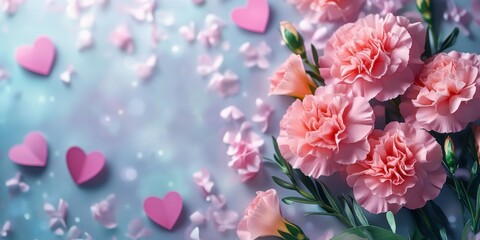 Pink carnations arranged elegantly with heart-shaped decorations in a soft pastel setting for a romantic occasion