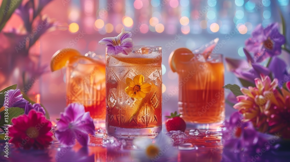 Poster three vibrant orange cocktails adorned with delicate flowers and citrus slices, illuminated by soft 