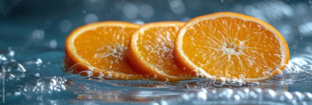 Poster three vibrant orange slices submerged in crystal clear water, surrounded by effervescent bubbles, cr