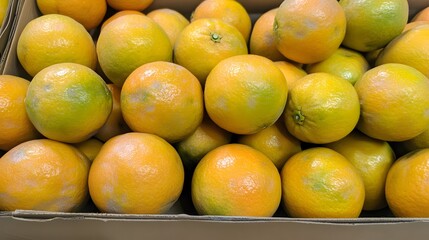 A Box of Fresh Ripe Oranges, Citrus Fruits,  Juicy Yellow Oranges, Healthy Organic Produce
