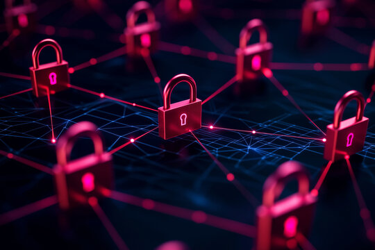 Digital background featuring abstract network of interconnected locks, symbolizing cybersecurity and data protection. vibrant colors create modern and tech savvy atmosphere