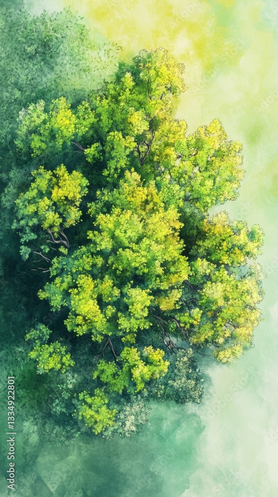 Poster top down view of vibrant green and yellow treetops creating a dense canopy in a serene and peaceful 