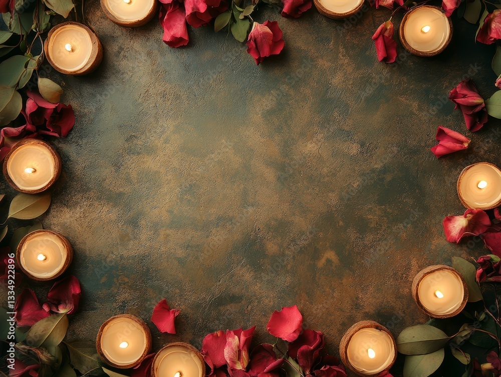 Poster top down view of lit natural coconut shell candles arranged with red rose petals and green eucalyptu