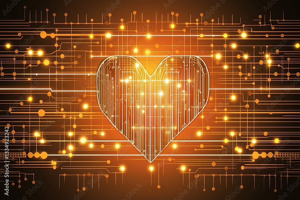 Poster digital heart symbol surrounded by interconnected circuit board design elements