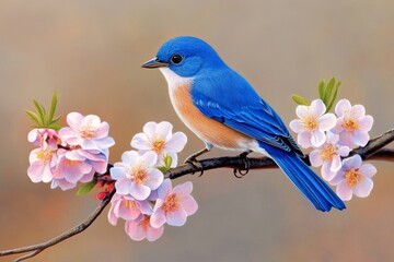 Bluebird on Spring Blossom Branch - A vibrant bluebird rests on a branch adorned with delicate pink blossoms, symbolizing serenity, new beginnings, beauty, freedom, and hope