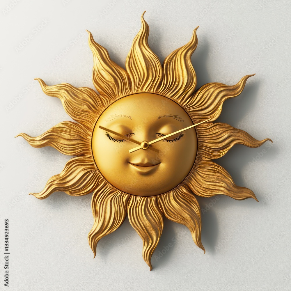 Poster sun-shaped clock with golden hands placed against a light background for display.