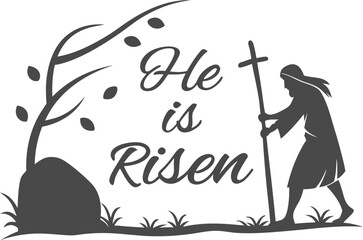 He Is Risen – Christian Easter Silhouette Design with Cross and Nature Elements


