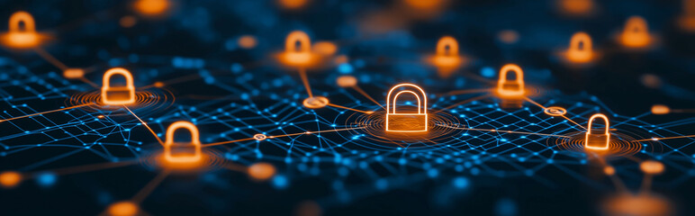 High tech security system with glowing padlocks and network connections, symbolizing digital protection and cybersecurity. image conveys sense of safety and advanced technology