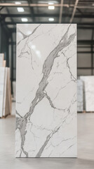 Fototapeta premium White marble slab with gray veining, standing upright, showcasing texture and pattern, ideal for design or construction display