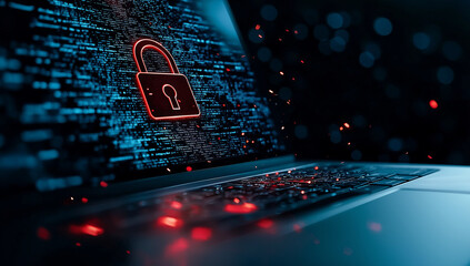 laptop displaying padlock icon symbolizes digital security and protection against cyber threats. glowing elements create sense of urgency and importance in safeguarding information