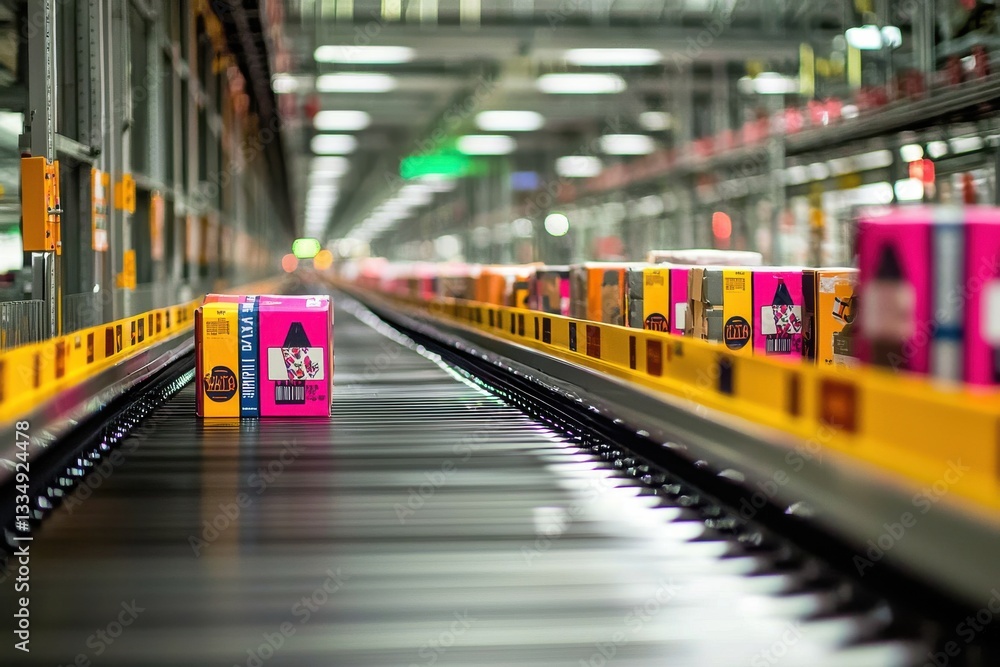 Poster a colorful parcel on a conveyor belt in a distribution center, representing automated logistics and 