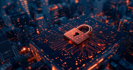 Digital security symbols padlock cityscape technology abstract cybersecurity data protection network encryption urban glowing circuit modern safety information secure digital futuristic
