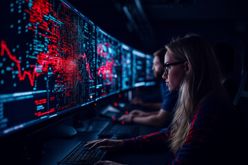 focused woman analyzes data on multiple screens in dark room, showcasing teamwork in technology. atmosphere is intense and collaborative