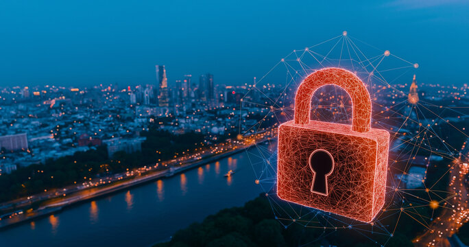 Digital security symbols with glowing padlock over city skyline at dusk, representing cybersecurity and data protection