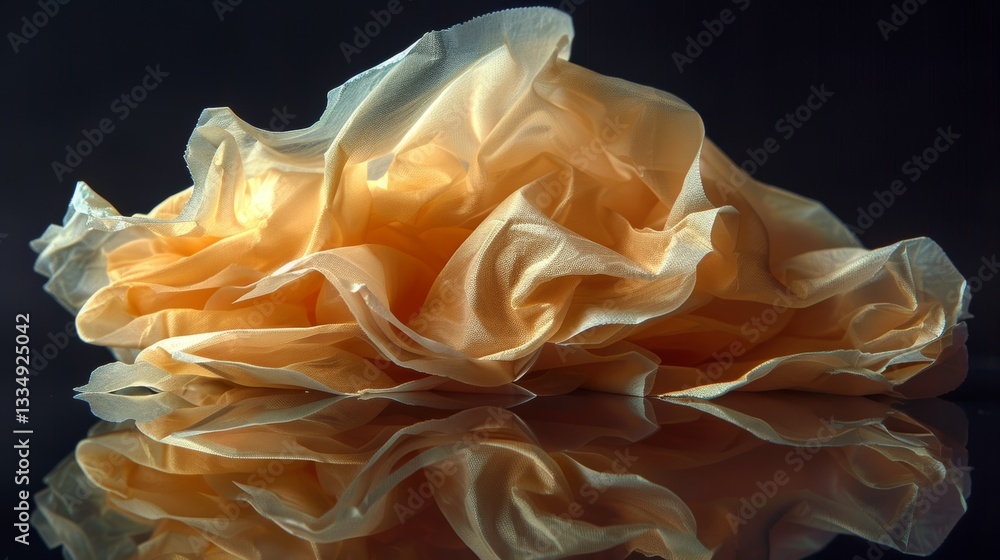 Poster translucent fabric folds in abstract arrangement with mirror reflection, revealing delicate texture 