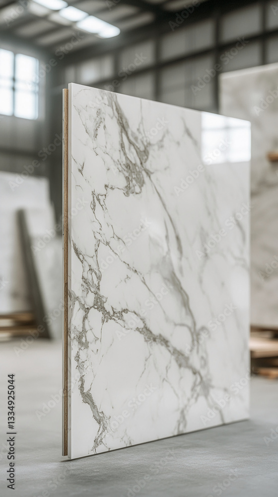 Poster white marble slab with gray veining, standing upright, showcasing texture and design, ideal for inte