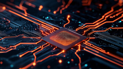 Futuristic biometric security system with intricate circuit design and glowing elements. image showcases advanced technology and innovation in digital security