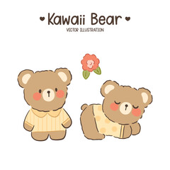 Cute brown teddy bear hand drawn character isolated on white with flower.