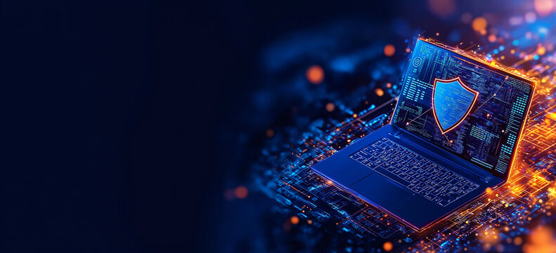 blue laptop with shield icon, surrounded by digital data and glowing circuits, symbolizes cybersecurity and technology