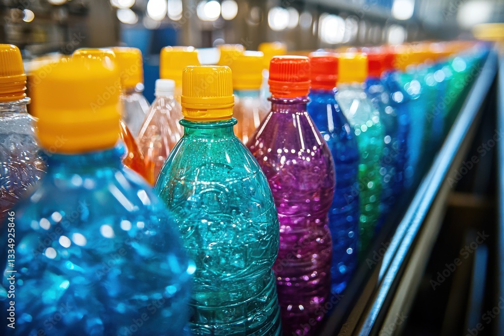 Poster rows of colorful plastic bottles with different colored caps aligned on a conveyor belt in a bottlin