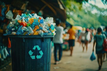 Overflowing recycling bin with colorful plastic waste in a crowded urban environment, focusing on the need for effective waste management solutions and environmental responsibility.