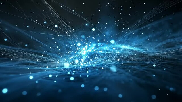 Abstract blue light particles and flowing lines create a dynamic digital background, evoking motion