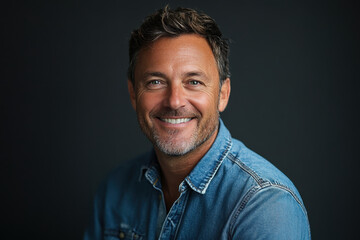 Obraz premium Man smiling in denim shirt examining a vintage camera in a rustic setting.