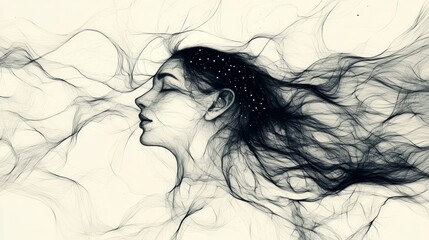 Naklejka premium A captivating profile portrait, a serene female figure, rendered with intricate lines