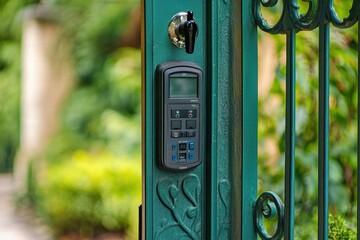 A green iron gate features a video intercom with a microphone and key card access shown up close and empty