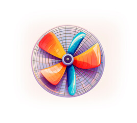 A vibrant illustration of a fan with colorful blades in blue, orange, and yellow spins behind a purple grid, set against a pastel background with a modern, playful design.